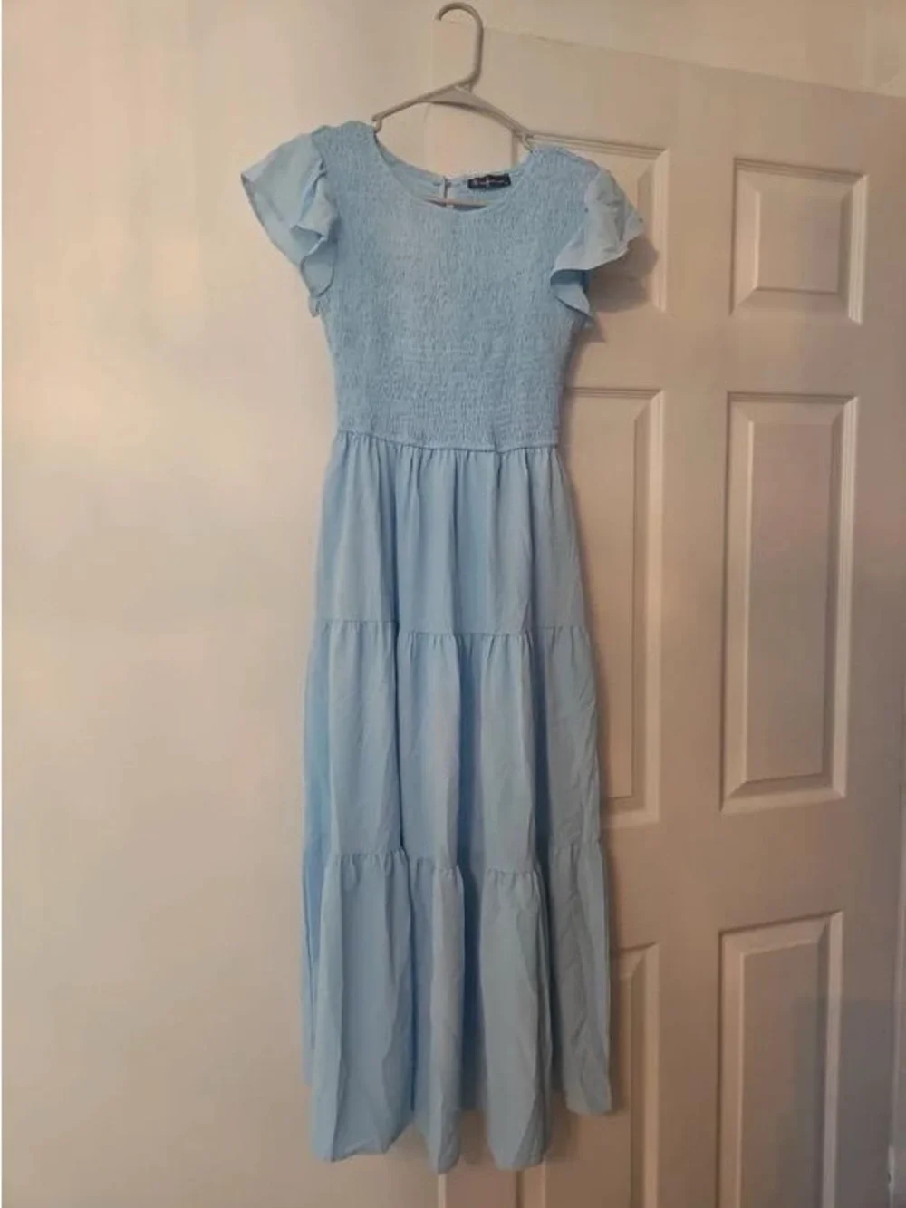 Light Blue Smocked Maxi Dress with Flutter Sleeves
